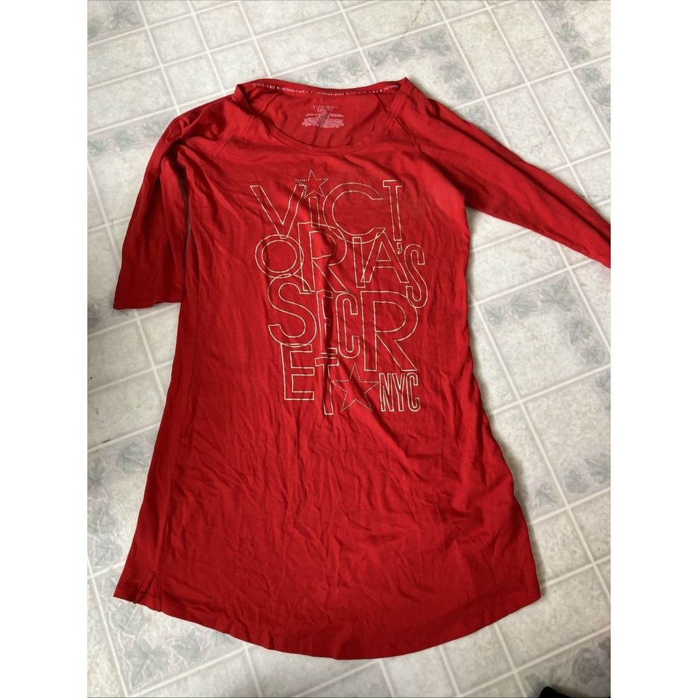 Victoria's Secret Red NYC Nightgown Pajama Sleepshirt Sz Small Cotton Knit Comfy